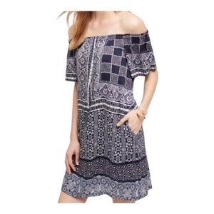 One September Womens Medium Blue Off the Shoulder Dress Flowy Pockets Rayon